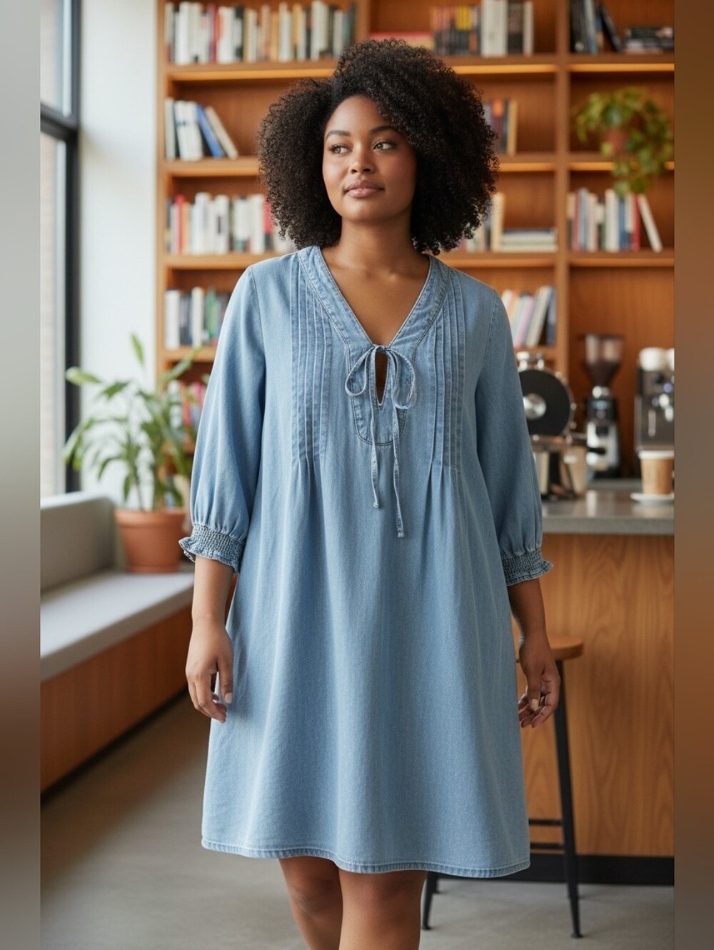 C' Est.1946 Chambray Midi Dress With Pintucks, And A Tie In Front